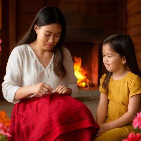 Ảnh bìa vuông bài hát Váy xoè thêu chỉ đỏ — nhạc Pop vui tươi